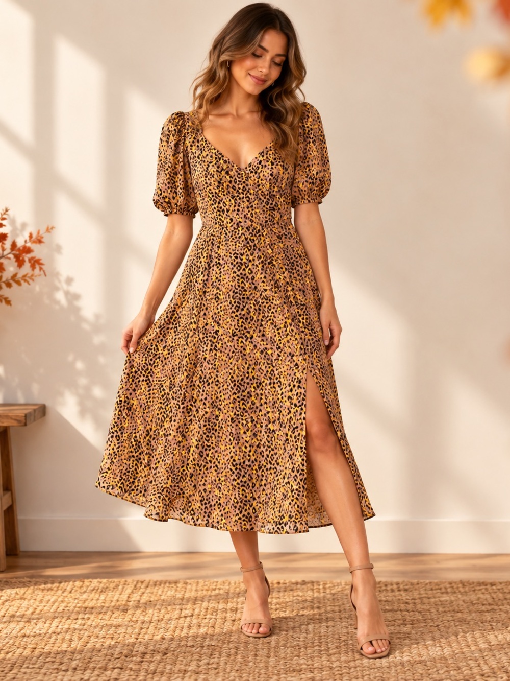 WAYF Leopard Print Midi Dress XS Puff Sleeve Faux Wrap Slit Wedding Guest